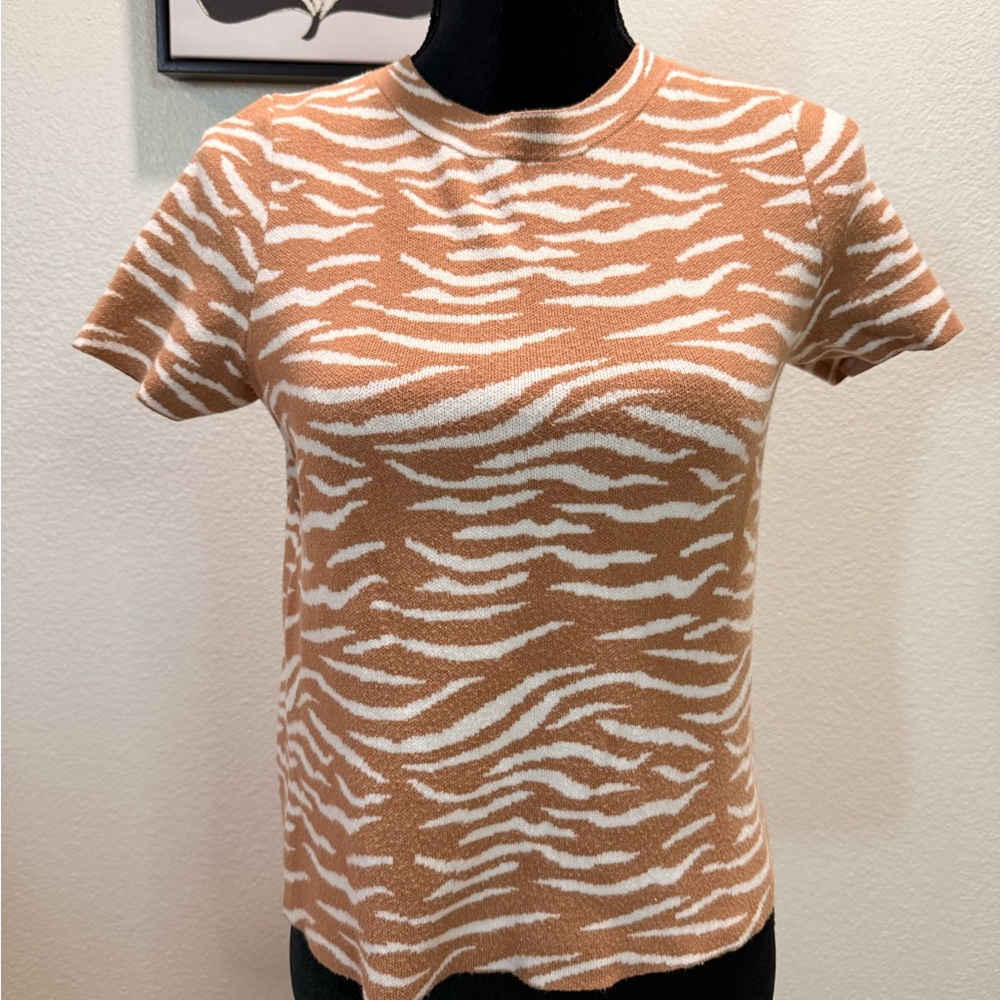 Anthropologie Short-Sleeve Zebra-Stripe Knit Top - Camel & White
